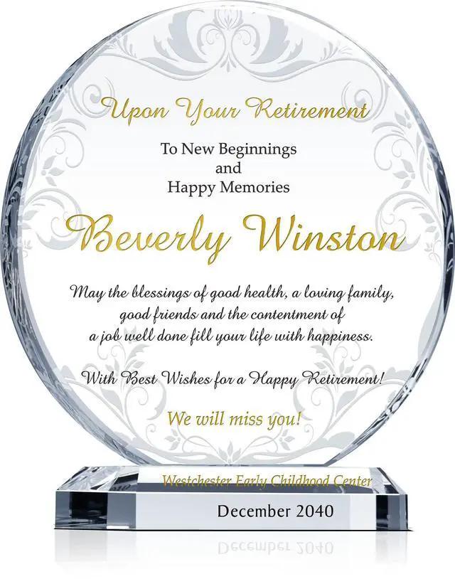 Main image of Custom Engraved Crystal Retirement Plaque Personalized Circle Gift for Coworker, Colleague, Boss, or Employee (XL - 10")
