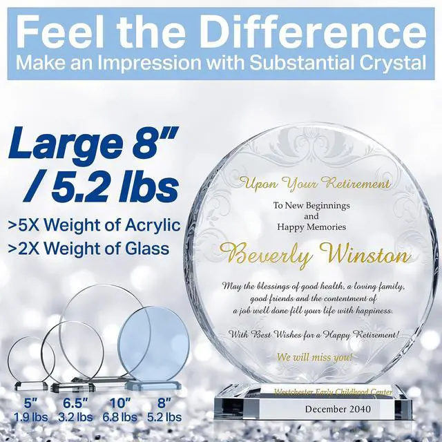 Alt view image 4 of 7 - Custom Engraved Crystal Retirement Plaque Personalized Circle Gift for Coworker, Colleague, Boss, or Employee (XL - 10")