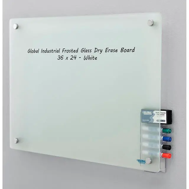 Alt view image 7 of 7 - 36" W x 24" H Frosted Glass Dry Erase Board, Frameless | Non-Magnetic Glass Board, Includes Eraser & 4 Dry-Erase Markers, 4 mm Tempered Glass