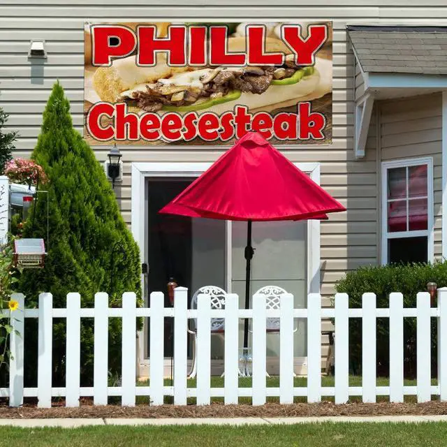Alt view image 3 of 7 - Vinyl Banner Multiple Sizes Philly Cheese Steak Restaurant Food Bar Restaurant & Food Outdoor Weatherproof Industrial Yard Signs Red 10 Grommets 60x144Inches