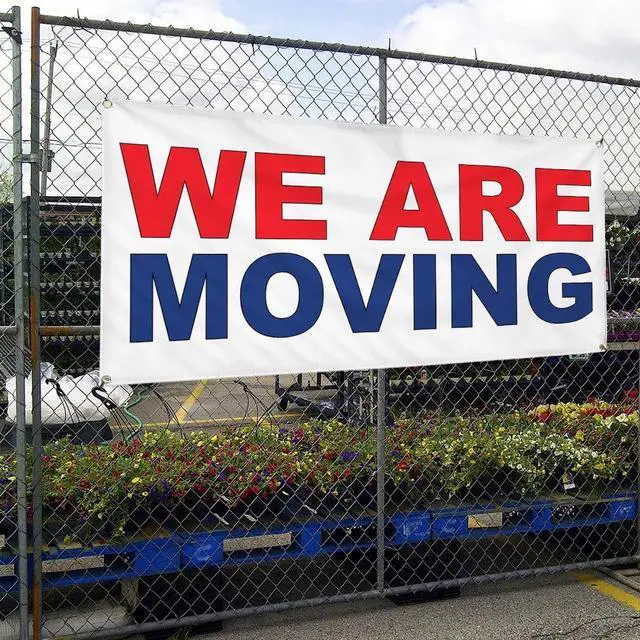 Alt view image 4 of 6 - Vinyl Banner Multiple Sizes We Are Moving Red Blue Business Outdoor Weatherproof Industrial Yard Signs 10 Grommets 60x144Inches