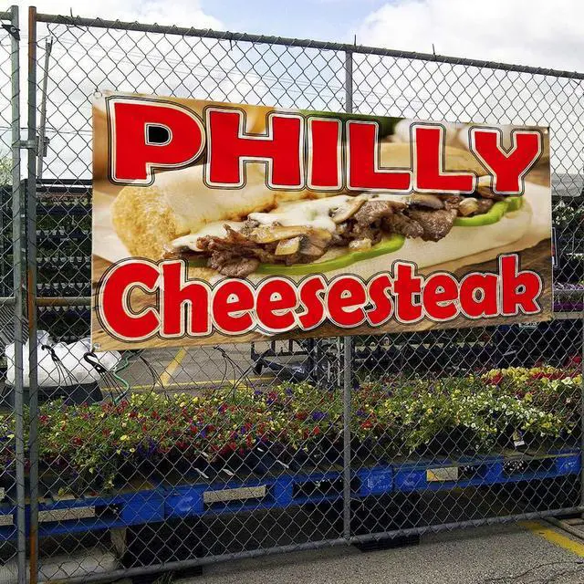 Alt view image 4 of 7 - Vinyl Banner Multiple Sizes Philly Cheese Steak Restaurant Food Bar Restaurant & Food Outdoor Weatherproof Industrial Yard Signs Red 10 Grommets 60x144Inches