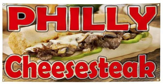 Main image of Vinyl Banner Multiple Sizes Philly Cheese Steak Restaurant Food Bar Restaurant & Food Outdoor Weatherproof Industrial Yard Signs Red 10 Grommets 60x144Inches