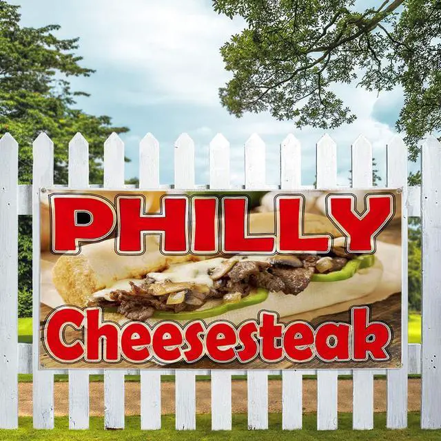 Alt view image 5 of 7 - Vinyl Banner Multiple Sizes Philly Cheese Steak Restaurant Food Bar Restaurant & Food Outdoor Weatherproof Industrial Yard Signs Red 10 Grommets 60x144Inches