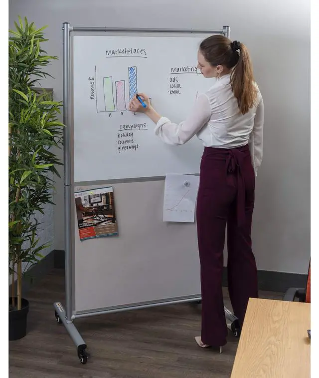 Alt view image 2 of 7 - Stand Up Desk Store Rolling Mobile Magnetic Whiteboard Room Divider Dry Erase Board for Home or Classroom (Combo Whiteboard/Tackboard, 40" W x 72" H)