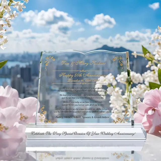 Alt view image 2 of 7 - Personalized Crystal Gift Plaque for Parents 50th Wedding Anniversary, Permanently Engraved with Couple Names and Date, Golden Jubilee Celebration Keepsake for Couple (L - 12")