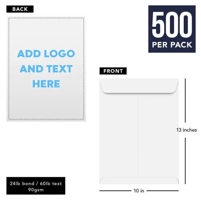 Alt view image 6 of 6 - Customize Your 10" x 13" Catalog Envelopes - Upload Your Full Color Logo and Return Address Custom Professionally Printed Bright White Wove Envelopes Thick and Sturdy (500)