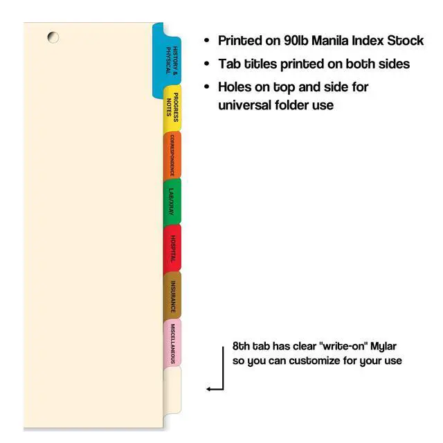 Alt view image 2 of 7 - Medical Chart Dividers for Patient Records, 8 Side Tabs, 200 Sets | Pre-collated 8-tab medical chart divider sets with mylar-reinforced tabs