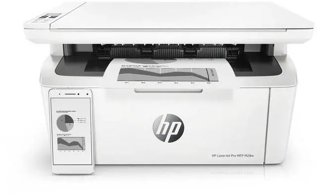 Main image of LaserJet Pro M28W Wireless All-in-One Monochrome Laser Printer, Ethernet, print speeds up to 18/19 ppm, Print Scan Copy, Auto-On/Auto-Off, White