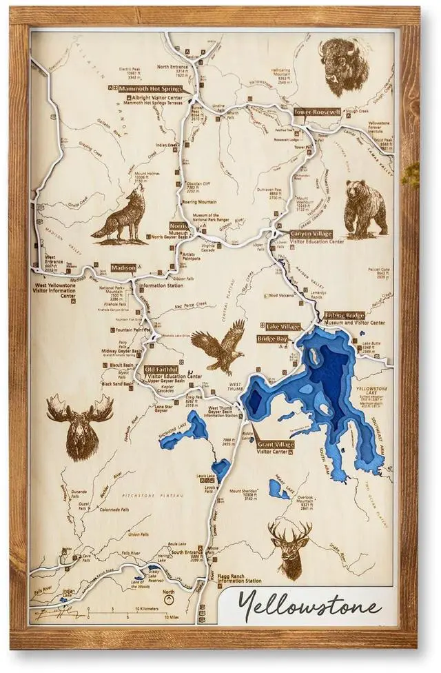 Main image of Yellowstone Topo Map Sign | Laser Engraved & Framed Wall Art