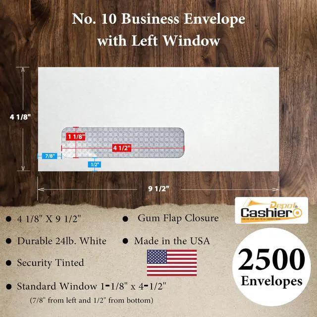 Alt view image 2 of 6 - 2500 Cashier Depot - #10 Business Envelopes with Left Window, Security - Tinted, 4 1/8 X 9 1/2, Gum Flap, Sturdy 24lb. White, 2500 Count