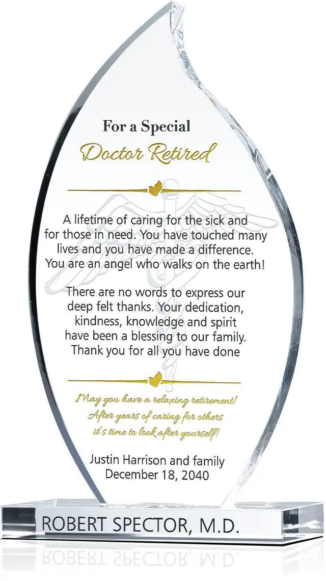 Main image of Personalized Flame Shaped Crystal Family Doctor Retirement Gift Plaque from Patients, Customized with Retiree's name, Unique Physician Retirement Appreciation Award (L - 9")