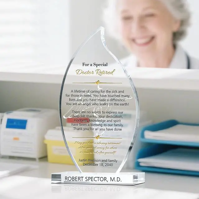 Alt view image 2 of 7 - Personalized Flame Shaped Crystal Family Doctor Retirement Gift Plaque from Patients, Customized with Retiree's name, Unique Physician Retirement Appreciation Award (L - 9")