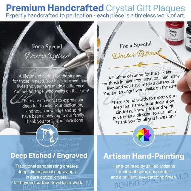 Alt view image 4 of 7 - Personalized Flame Shaped Crystal Family Doctor Retirement Gift Plaque from Patients, Customized with Retiree's name, Unique Physician Retirement Appreciation Award (L - 9")