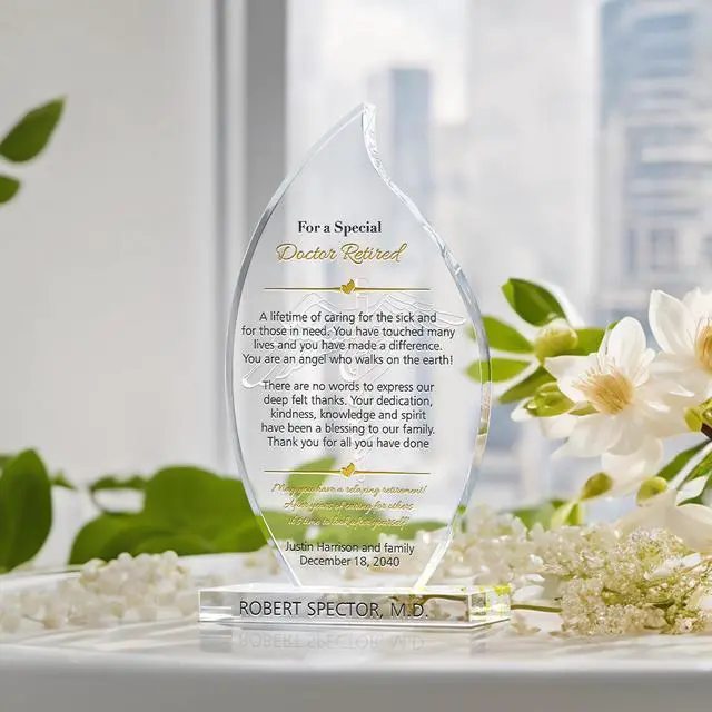 Alt view image 3 of 7 - Personalized Flame Shaped Crystal Family Doctor Retirement Gift Plaque from Patients, Customized with Retiree's name, Unique Physician Retirement Appreciation Award (L - 9")