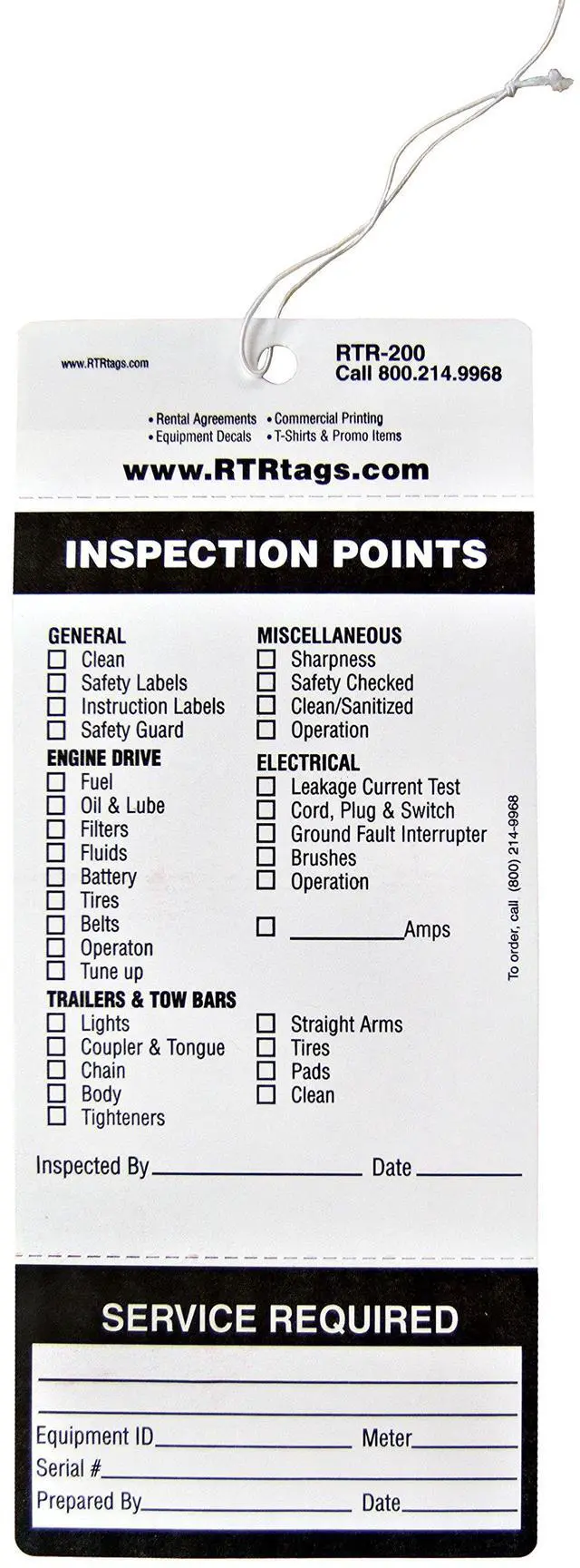 Alt view image 2 of 3 - The Economy RTR-200 - 10Pt Card Stock - Weather Resistant - Ready To Rent Equipment Tag - 1000 Per Case - FREE samples - email info@RTRnation.com