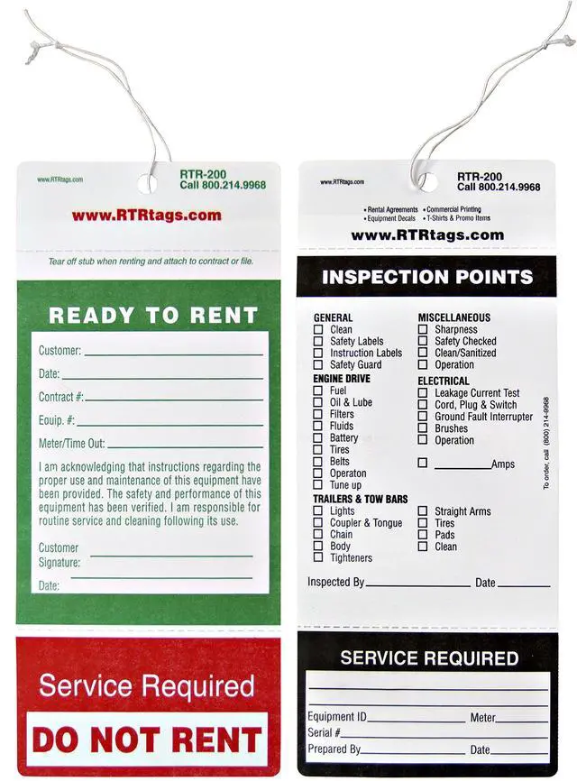 Alt view image 3 of 3 - The Economy RTR-200 - 10Pt Card Stock - Weather Resistant - Ready To Rent Equipment Tag - 1000 Per Case - FREE samples - email info@RTRnation.com