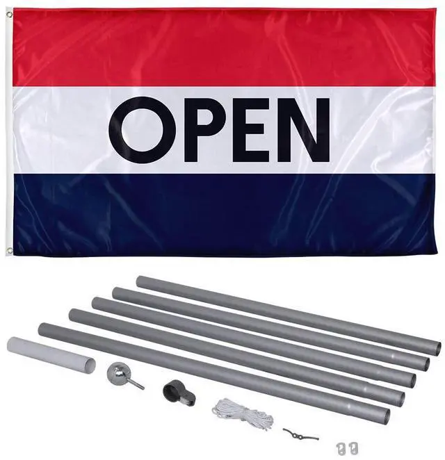 Main image of 3ft x 5ft Open Flag with 20ft Flagpole Knitted Polyester Material with Canvas Header & 2 Metal Grommets, Open Banner with 100% Visibility on Both Sides, Printed in the USA
