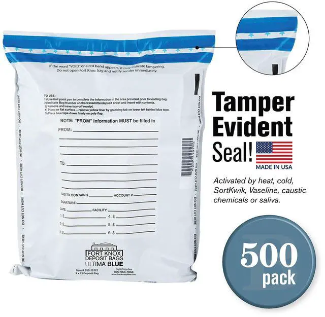 Alt view image 2 of 6 - Ultima Blue Dual Pocket White Deposit Bags, Pack of 500-15W x 20H - Tamper Evident Tape and Captive Flap Closure
