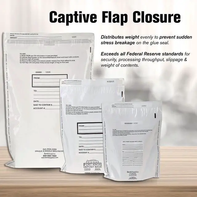 Alt view image 3 of 6 - Ultima Blue Dual Pocket White Deposit Bags, Pack of 500-15W x 20H - Tamper Evident Tape and Captive Flap Closure