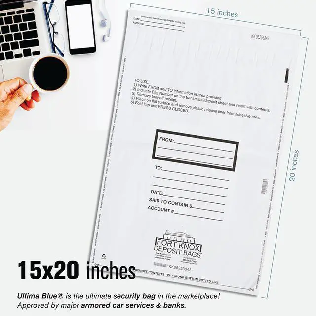 Alt view image 4 of 6 - Ultima Blue Dual Pocket White Deposit Bags, Pack of 500-15W x 20H - Tamper Evident Tape and Captive Flap Closure