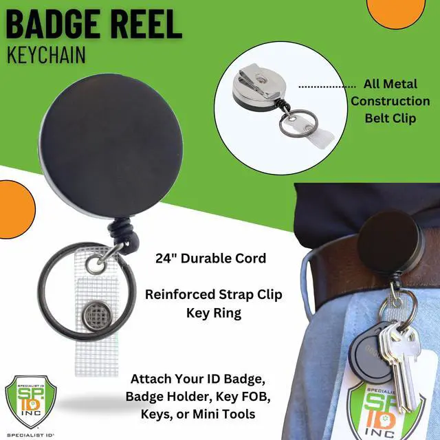 Alt view image 2 of 7 - 25 Pack - Heavy Duty All Metal Casing Retractable Badge & Key Reel with Thick Nylon Cord, Belt Clip, Reinforced ID Strap and Keychain by (Black)