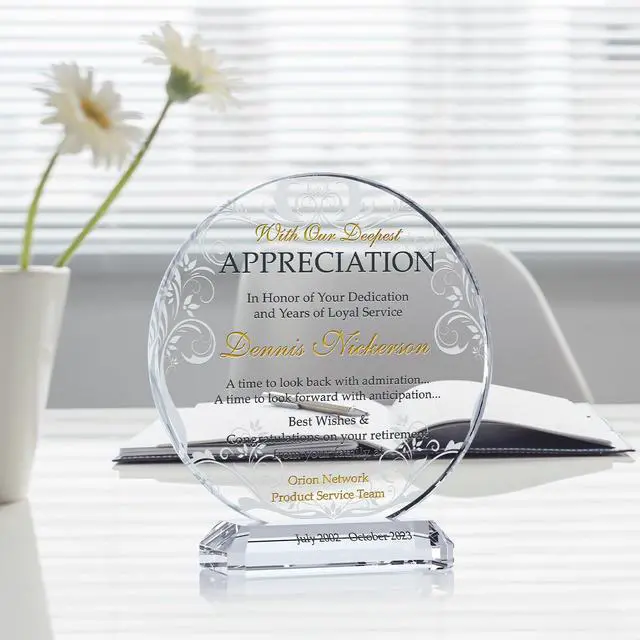 Alt view image 2 of 6 - Custom Engraved Crystal Retirement Plaque Personalized Gift for Employee, Manager, Coworker, or Friend (M-6.5")
