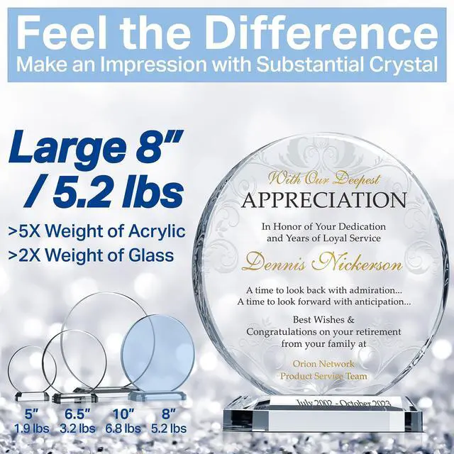 Alt view image 4 of 6 - Custom Engraved Crystal Retirement Plaque Personalized Gift for Employee, Manager, Coworker, or Friend (M-6.5")