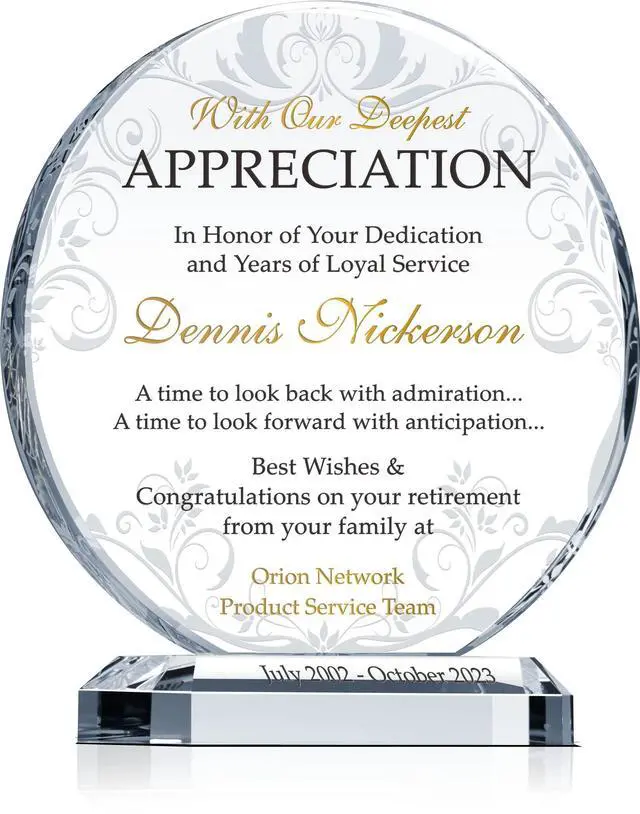 Main image of Custom Engraved Crystal Retirement Plaque Personalized Gift for Employee, Manager, Coworker, or Friend (M-6.5")