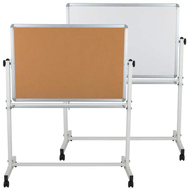 Alt view image 2 of 7 - 45.25" W x 54.75" H Reversible Mobile Cork Bulletin Board and White Board with Pen Tray