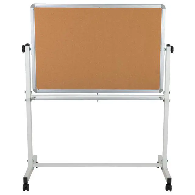 Alt view image 5 of 7 - 45.25" W x 54.75" H Reversible Mobile Cork Bulletin Board and White Board with Pen Tray