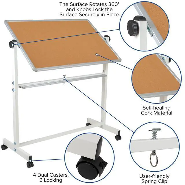 Alt view image 3 of 7 - 45.25" W x 54.75" H Reversible Mobile Cork Bulletin Board and White Board with Pen Tray