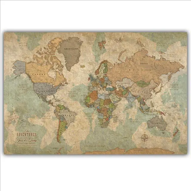 Main image of Personalized World Map on Canvas in Vintage Earth Tones, Wall Art with Push Pins to Mark Travels, World Map Pin Board, Travel Tracker (48x30, Rolled/Unframed)