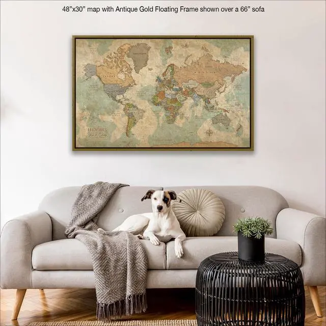 Alt view image 6 of 7 - Personalized World Map on Canvas in Vintage Earth Tones, Wall Art with Push Pins to Mark Travels, World Map Pin Board, Travel Tracker (48x30, Rolled/Unframed)
