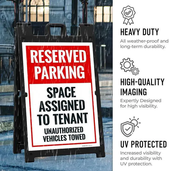 Alt view image 6 of 7 - Reserved Parking Space Assigned to Tenant Unauthorized Vehicles Towed Sidewalk Sign Kit, 24x36 Inches, with A Frame Stand, Made in USA by