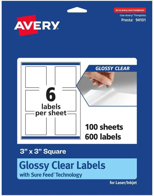 Main image of Glossy Clear Square Labels, Sure Feed Technology, 3" x 3", 600 Glossy Clear Labels, Print-To-The-Edge, Laser/Inkjet Printable