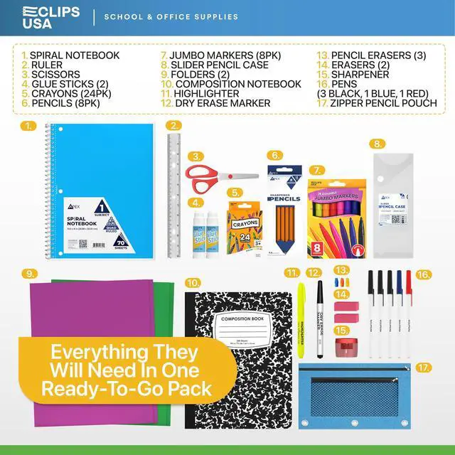 Alt view image 2 of 6 - 60 Piece Back to School Supplies Kit for Kids (24 Kits) School Supplies Set School Supply Kit K-5