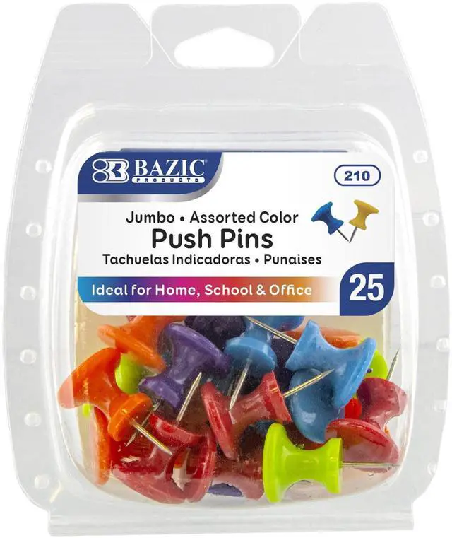 Main image of Jumbo Push Pins, Assorted Colors, 25 Ct, 144-Case | sharp steel points that hold notes, photos, reminders on cork and bulletin boards