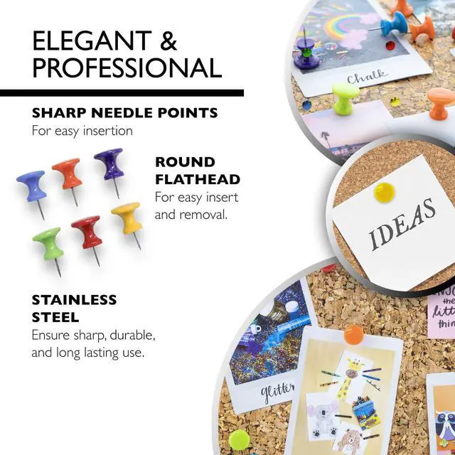 Alt view image 3 of 7 - Jumbo Push Pins, Assorted Colors, 25 Ct, 144-Case | sharp steel points that hold notes, photos, reminders on cork and bulletin boards