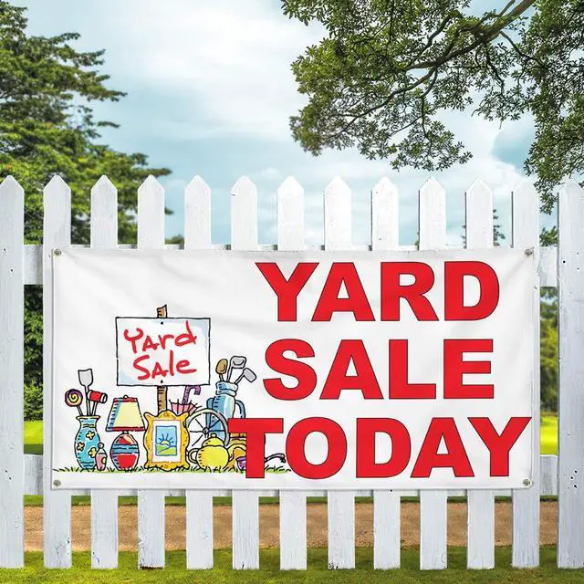 Alt view image 5 of 6 - Vinyl Banner Multiple Sizes Yard Sale Today Red Business Outdoor Weatherproof Industrial Yard Signs 10 Grommets 60x144Inches