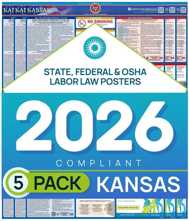 Main image of Kansas 2026 Labor Law Poster State & Federal Compliance OSHA, EEOC, FMLA, Minimum Wage Durable, Laminated & Waterproof Workplace Employment Poster Made in USA 26 x 39.5, 5-Pack
