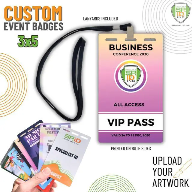 Alt view image 2 of 7 - Bulk 50 Pack - Custom Badges with Lanyards 3X5 - Upload Your Art - DIY Custom Badge for VIP Passes & Special Events - Large Size Vertical Special Event, Conference, Backstage Pass by