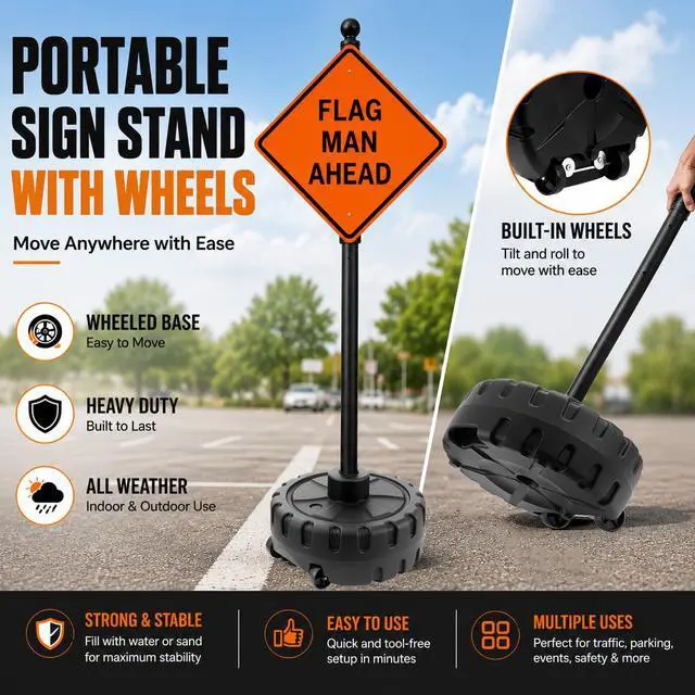 Alt view image 2 of 7 - Portable Sign Post and Base Kit 2 Pack, 5 FT/60 Inch Heavy Duty Sign Stand with Wheeled Fillable Base, Movable Outdoor Sign Holder for Parking, Traffic, Safety & Warning Signs