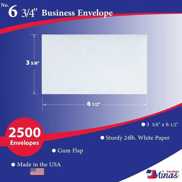 Alt view image 2 of 4 - 2500 6 3/4 Business Envelopes, 3 5/8 x 6 1/2 Inches, 24lb White Paper, Gummed Closure, 2500 Count