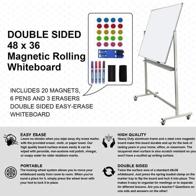 Alt view image 2 of 7 - Mobile Whiteboard Magnet Dry Erase Board on Wheels Double-Sided Magnetic Portable Stand Whiteboard- 48"x36" Rolling White Boards with Easy Flip Feature