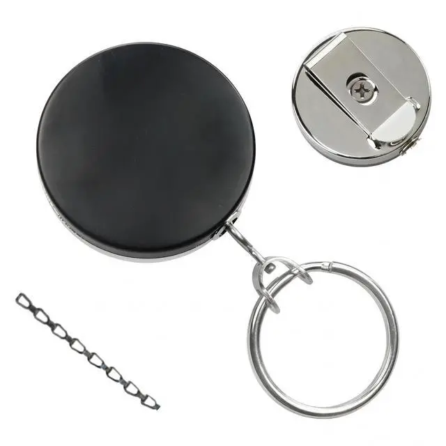 Main image of Bulk 25 Pack - Heavy Duty All Metal Badge Reel with Chain Link Retractor Pull & Split Key Ring - Retractable Keychain by (Black/Silver)