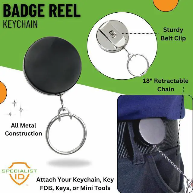 Alt view image 3 of 4 - Bulk 25 Pack - Heavy Duty All Metal Badge Reel with Chain Link Retractor Pull & Split Key Ring - Retractable Keychain by (Black/Silver)