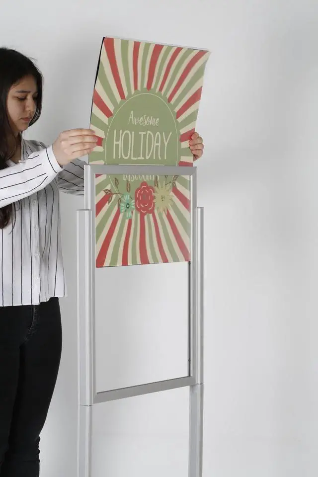 Alt view image 2 of 6 - Metal Eco Info Board, Silver 22x28 Inches Slide-In Poster Sign Holder 1 Tier Double Sided Floor Standing Pedestal Advertising Display with Backing and Anti-Glare PET Cover