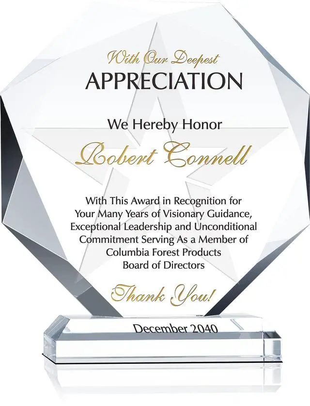 Main image of Custom Engraved Crystal Board of Director Appreciation Award Plaque, Unique Personalized Thank You Gift, Farewell & Retirement Gift for Board Member and Executives (XL - 10")