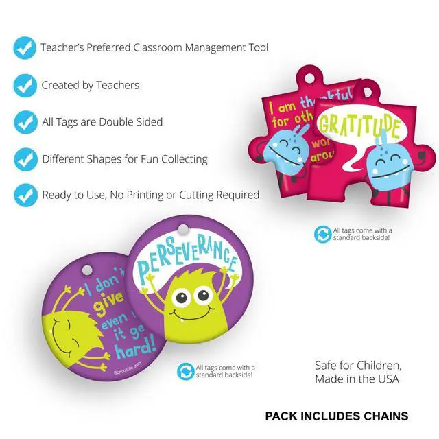 Alt view image 3 of 7 - Brag Tags Build & Support Good Character Traits & Behavior in Kids & Students Monthly Character Value Pack: 500 Brag Tags (50 for Each Design) + 150 USA-Made, Hypoallergenic 24" Aluminum Safety Chains